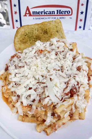 Baked Ziti with Meat Sauce Parmigiana & Mozzarella Cheese